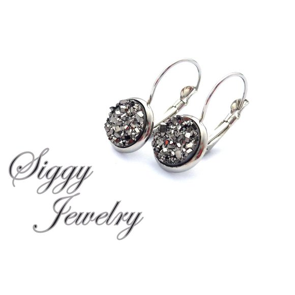 Shiny Hematite Faux Druzy Drop Lever Earrings - Picture 3 of 7